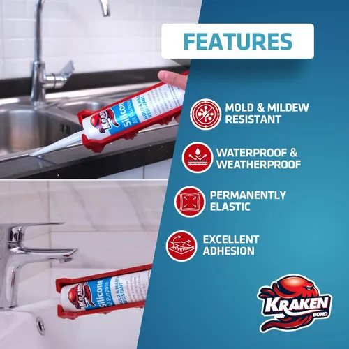 Vista 4 de Kraken Bond Sellador de silicona negro resistente al agua Cartucho de 100 a 10 onzas líquidas, RTV silicona para calafatear cocina y baño, todo uso
