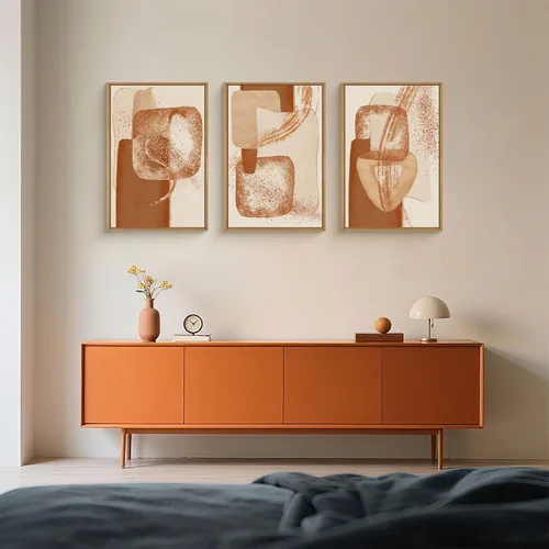Vista 2 de Celestdeco Juego de arte de pared en lienzo abstracto y neutro grande con marco naranja, moderno y minimalista para pared, diseño geométrico bohemio