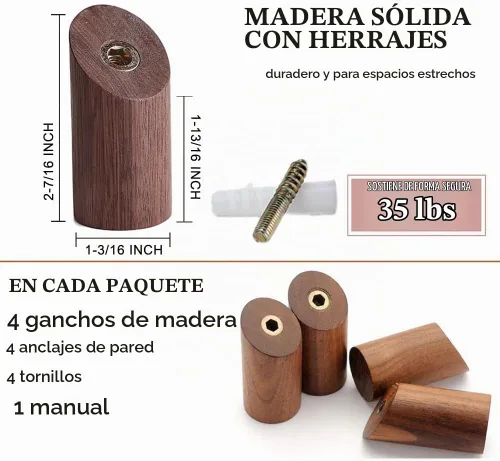 Vista 6 de Felidio Ganchos de pared de madera, paquete de 4 ganchos para colgar abrigos de pared, de madera rústica, resistente, perchero para sombreros A