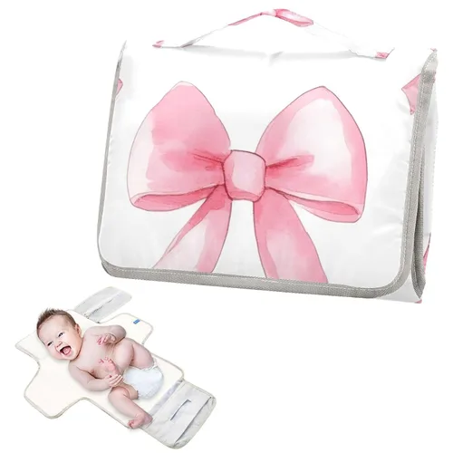 Vista 2 de Pink Bows - Cambiador de pañales portátil, impermeable, plegable, con almohada incorporada, cambiador de pañales de viaje para bebé recién nacido