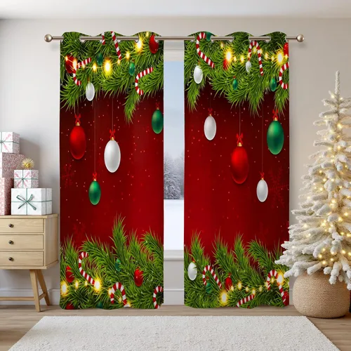 Vista 9 de Renaiss Cortinas opacas de Navidad con tablones de madera rústica para dormitorio, con ojales, estampado de copos de nieve navideños, cortinas