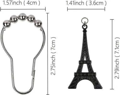Vista 5 de Juego de 12 ganchos para cortina de ducha de la Torre Eiffel, París París, Francia, desgastado, francés, elegante, estilo cabaña, tema, para el Negro