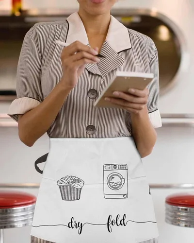 Vista 3 de Laundry Room Server Aprons with 3 Pockets, Cartoon Wash Dry Fold Repeat Simple Lines Art Waitress Waist Apron for Women Men Waterproof Half Aprons