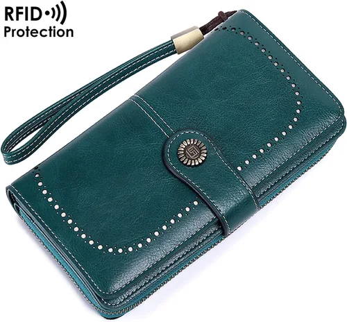 Vista 2 de KELEEL Carteras para mujer, de piel sintética, con bloqueo RFID, gran capacidad, tarjetero para mujer, cartera con pulsera, Marrón clásico, Classic