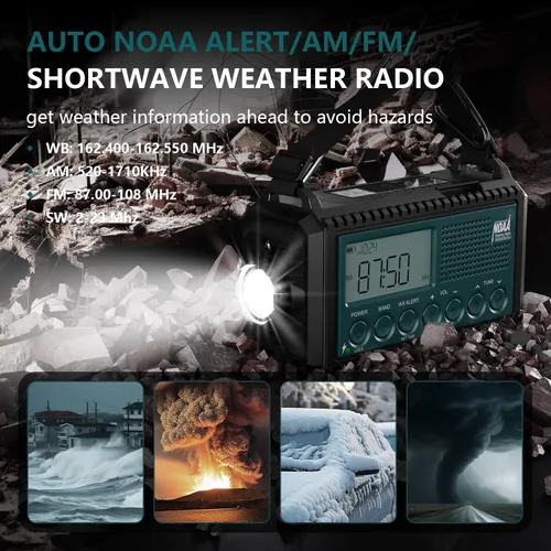 Vista 7 de AUTO NOAA Radio de emergencia de alerta, manivela solar portátil AM FM radio meteorológica de onda corta para supervivencia, radio a