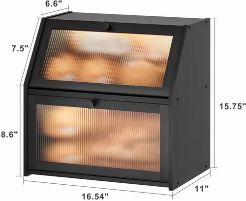 Vista 6 de Caja de pan extra grande negra para mostrador de cocina, caja de pan de bambú de doble capa grande, capacidad de almacenamiento de pan de madera