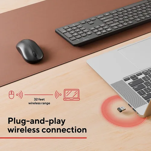 Vista 2 de Staples TECH Ratón óptico ambidiestro inalámbrico, precisión de 1600 DPI, 2 botones con rueda de desplazamiento, USB Plug-and-Play, rango de 32.8