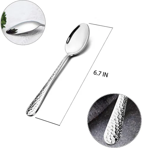 Vista 3 de E-far - Juego de 6 cucharaditas martilladas de acero inoxidable moderno, cubiertos de postre para el hogar, cocina, restaurante, borde redondo