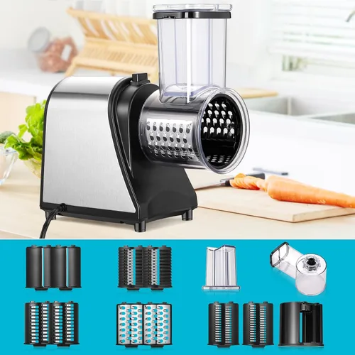 Vista 7 de Rallador eléctrico de queso, rebanador de verduras 5 en 1 y máquina de ensalada con cuchillas de acero inoxidable, rallador eléctrico de queso de un