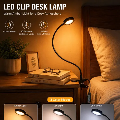 Vista 4 de Lámpara de escritorio USB con clip con 3 modos de color, brillo ajustable, cuello de cisne, temporizador de 1 minuto, luz de libro para leer libro