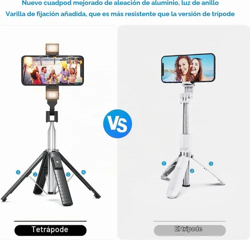 Vista 6 de Trípode Cuadrápode para Palo de Selfie de 41" con 2 Luces de Relleno Recargables, Trípode Extensible con Control Remoto Bluetooth, Acero Inoxidable