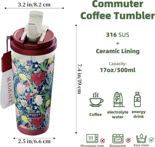 Vista 3 de MAGRACE Taza de viaje de café – Vaso de café a prueba de fugas con tapa abatible y pajilla, aislado al vacío para bebidas calientes y frías