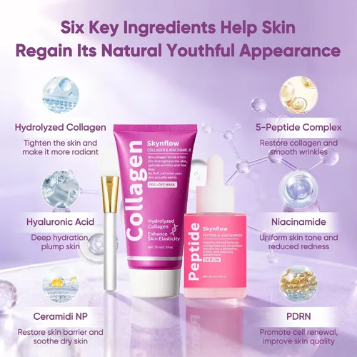 Vista 3 de Máscara facial de colágeno + suero PDRN de péptidos voluminosos, máscara hidrolizada para despegar durante la noche, juego de cuidado de la piel