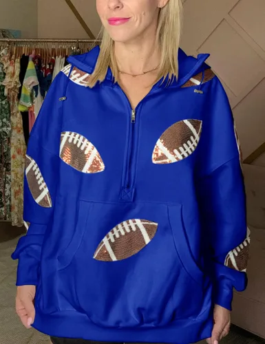 Vista 29 de SeekMe Sudaderas con capucha de lentejuelas para mujer, para el día del partido, suéteres de manga larga con cremallera y bolsillo