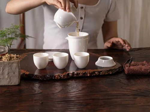 Vista 5 de Juego de té de jade blanco Gaiwan Gongfu chino - 6 tazas estilo japonés en casa