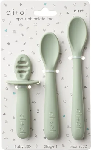 Vista 5 de Ali+Oli Juego de 3 cucharas de silicona para bebé (azul) Cucharas irrompibles para bebé, utensilios de autoalimentación, diseño multietapa, mango