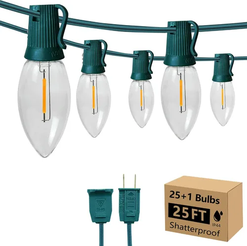 Vista 9 de C9 Luces de Cadena de Navidad, 25 pies 26 Bombillas Brillantes y Multicolores para Exteriores, Luces de Navidad para Techo, Patio, Jardín
