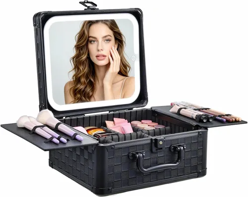 Vista 9 de Faquenc Estuche de maquillaje con espejo iluminado magnético, caja organizadora de maquillaje, estuche de cosméticos de viaje con espejo LED de 3