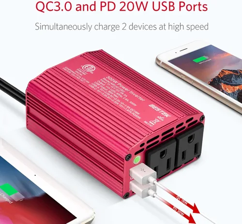 Vista 3 de BESTEK Inversor de corriente de coche de 300 W, con USB-C PD 20W, adaptador de toma de corriente de enchufe de coche de CC 12 V a CA 110 V