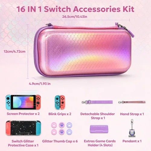 Vista 3 de innoAura - Funda para interruptor NS, juego de accesorios de interruptor 16 en 1 con funda de transporte para interruptor de sirena, funda