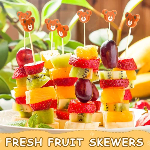 Vista 4 de 100 palillos de cóctel con cara de oso, brochetas de bambú para aperitivos, lindos palillos de comida de oso, palillos de dientes para frutas