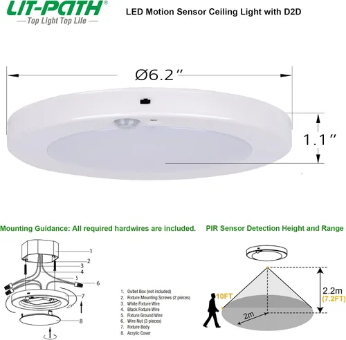 Vista 4 de LIT-PaTH Lámpara LED de techo empotrada, accesorio de iluminación de armario con sensor de movimiento y del atardecer al amanecer, 10.5 W, 800