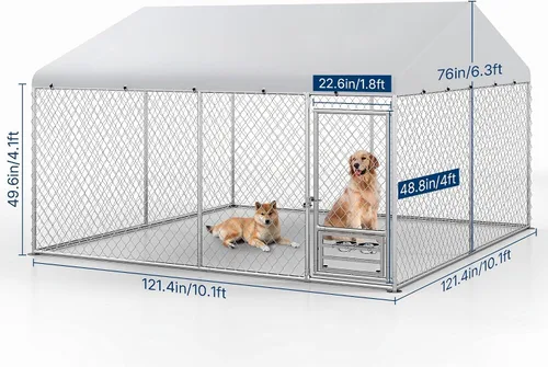 Vista 2 de Yafylly Perrera para perros XL de 10 x 10 pies – Perrera exterior con techo, perreras cubiertas con puerta de alimentación, recinto para perros al