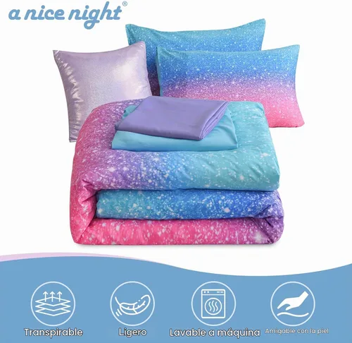 Vista 5 de A Nice Night Juego de ropa de cama de 6 piezas con purpurina degradada para niñas, tamaño completo, juego de edredón colorido de galaxia arcoíris