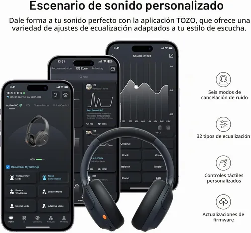 Vista 8 de TOZO Auriculares inalámbricos con cancelación de ruido híbridos HT3, 90H Negro