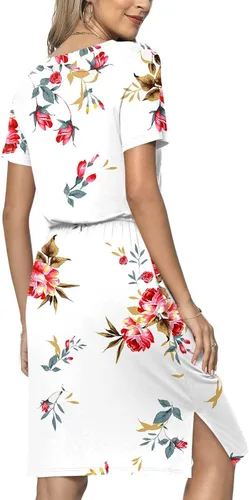 Vista 5 de JeashCHAT Womens Summer Mini Dresses Floral Printed Short Sleeve Sundress Casual Beach Dresses with Pockets