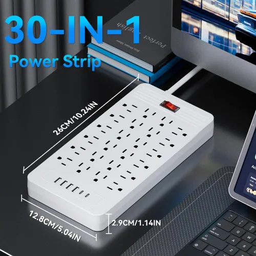 Vista 6 de Regleta protectora de sobretensiones de 24 tomacorrientes – Cable de extensión de enchufe plano de 5 pies con 24 tomas amplias y 4 puertos USB, 2