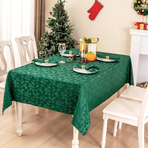 Vista 6 de Mebakuk Mantel de Jacquard de Navidad, impermeable, elegante, con patrón floral de damasco, mantel de peso pesado limpiable sin arrugas Verde