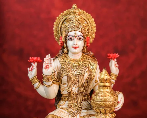 Vista 6 de SHIVAJIARTS Gran estatua Lakshmi, 12.2 in pintado a mano polvo mármol diosa lakshmi ídolo en loto. diosa hindú del dinero, riqueza, abundancia