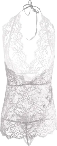 Vista 3 de Lencería de encaje de malla para mujer, cuello halter, espalda descubierta, transparente, ropa de dormir bodycon de una pieza