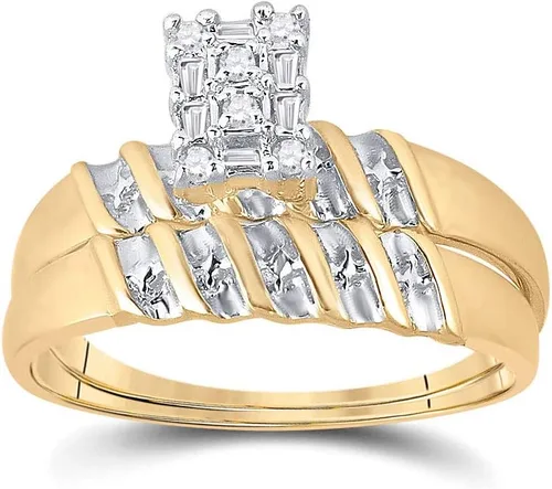 Vista 2 de Juego de 3 anillos de compromiso de matrimonio a juego de 3 anillos de compromiso para hombres y mujeres de dos tonos amarillo y blanco de 10