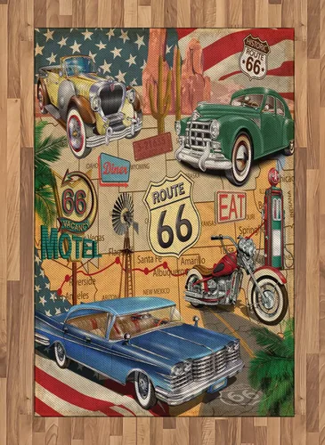 Vista 80 de Lunarable Route 66 - Alfombra de área, autos antiguos de moda y motocicleta en un mapa, viaje por carretera, concepto estadounidense, alfombra rojo
