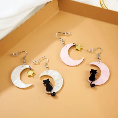 Vista 4 de Pendientes de acrílico con diseño de gato y luna ligeros divertidos y divertidos animales con estrella de cinco puntas para mujeres y niñas