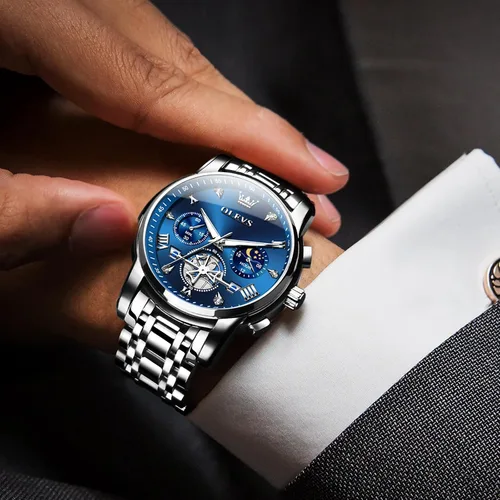 Vista 7 de OLEVS Reloj cronógrafo de acero inoxidable para hombre, reloj de cuarzo analógico de muñeca grande, resistente al agua, con números romanos