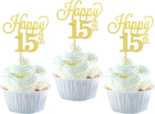 Vista 32 de Paquete de 24 adornos para cupcakes con purpurina número 15, quince cumpleaños, decoración para cumpleaños de 15 años, suministros de fiesta de Negro