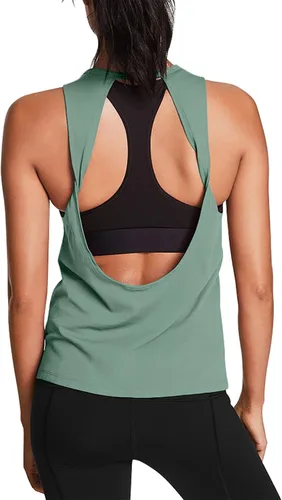Vista 14 de Mippo Tops de entrenamiento para mujer, camisetas de yoga con espalda Verde militar