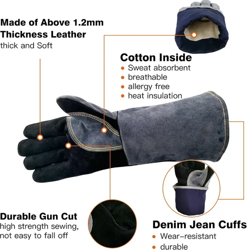Vista 4 de WZQH Guantes de soldadura de cuero de 14 pulgadas, 932 ℉, pequeños, resistentes al calor/fuego, guantes pequeños para barbacoa, horno, parrilla