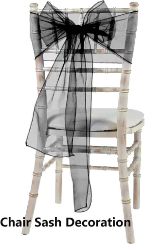 Vista 4 de Paquete de 50 bandas para sillas de organza negra, lazos para silla para decoración de fiestas, bodas, conferencias, sillas de gasa universales