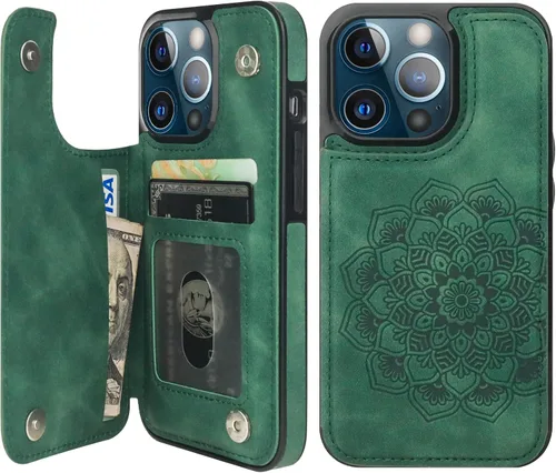 Vista 12 de Vaburs Funda compatible con iPhone 13 Pro con tarjetero y diseño de mandala en relieve, de piel sintética, doble botones, a prueba de golpes