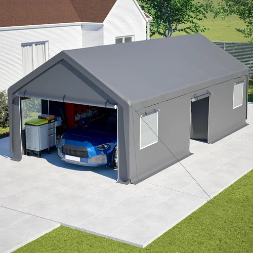 Vista 9 de Thanaddo Cochera de Servicio Pesado de 10 x 20 pies, Toldo para Garaje de Automóvil, con Ventanas Ventiladas Enrollables, Refugio para Automóvil
