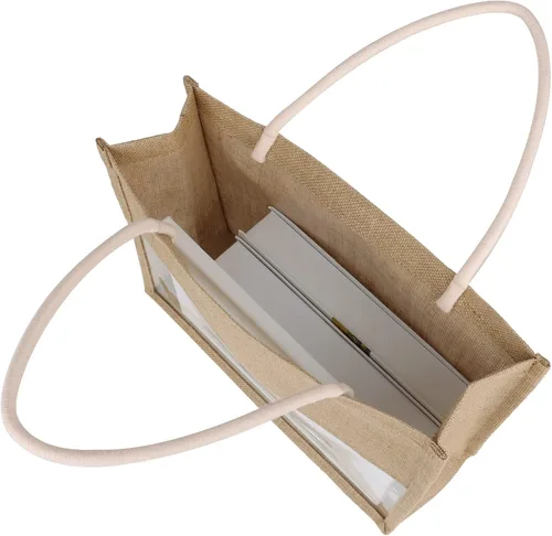 Vista 6 de TopTie 6 bolsas de arpillera con ventana de película de PVC transparente, bolsa de playa de yute, bolsas de comestibles reutilizables a granel