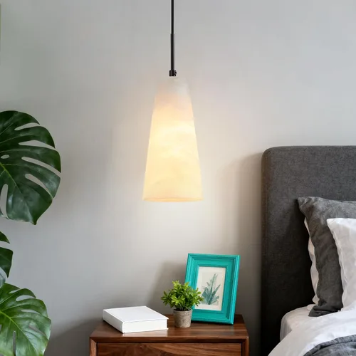 Vista 4 de Luces colgantes de alabastro natural, isla de cocina, pantalla cónica de mármol blanco, modernas lámparas de techo negras para mesa de comedor, sala