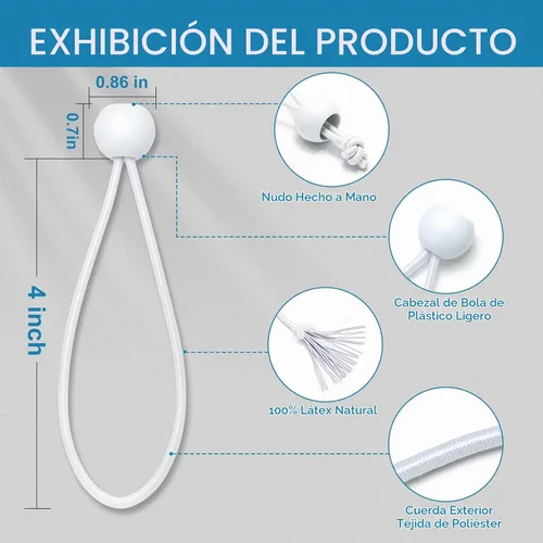 Vista 2 de Cuerdas elásticas de bola de 4 pulgadas, 50 unidades, de lona blanca, resistentes para camping, refugio, carga, pantalla de proyector, postes