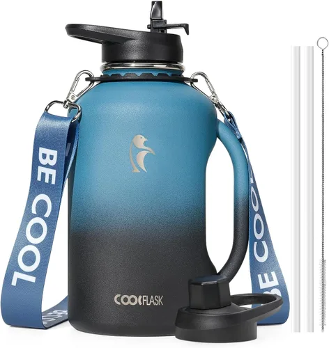 Vista 15 de Coolflask - Botella de agua aislada de 64 onzas, jarra de agua de medio galón con asa, popote de acero inoxidable, doble pared, de metal al vacío