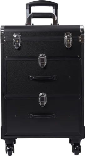 Vista 5 de Estuche de maquillaje con ruedas para cosméticos, carrito grande para cosméticos con cerraduras, organizador de almacenamiento de cosméticos, Negro