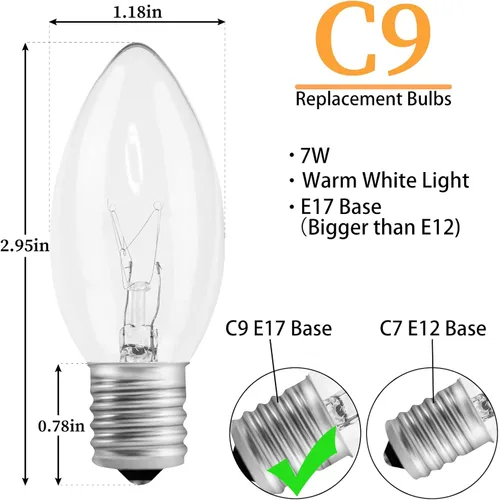 Vista 2 de Bombillas de repuesto C9 transparentes incandescentes paquete de 25 bombillas de repuesto para luces de Navidad C9, base intermedia E17, 7 vatios